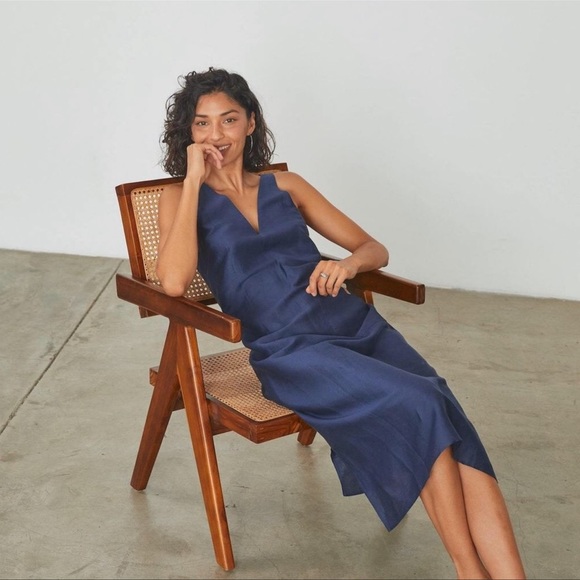 Lunya Linen Silk Double V Midi Dress Deep Blue Size Extra Small - Picture 8 of 9